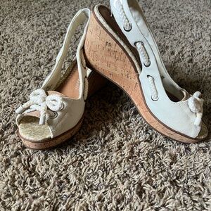 Sperry Top sider Cork Wedge Heels Sandals Shoes Cream Womens